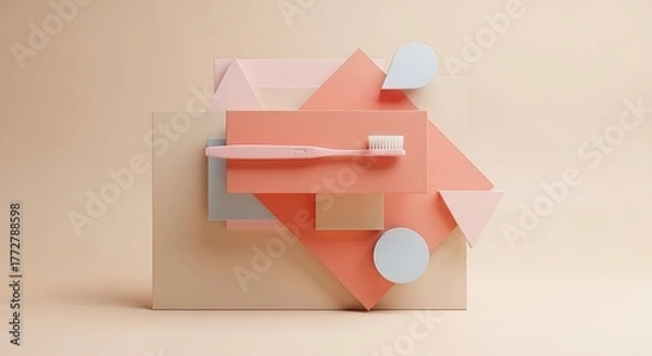 Fototapeta Angled Toothbrush Displayed on Geometric Shapes with Muted Palette