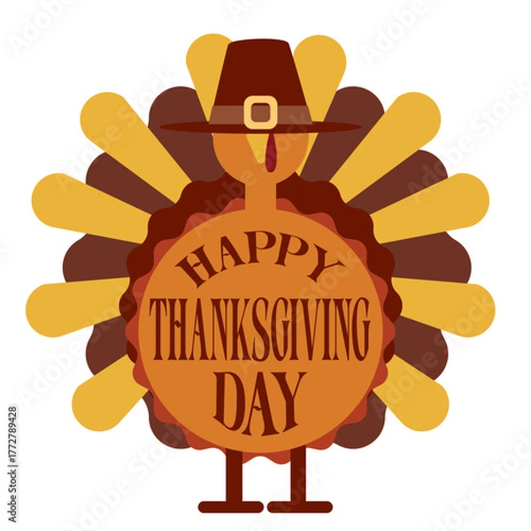 Fototapeta Illustration of festive turkey wearing  pilgrim hat with empty space for text. Perfect for Thanksgiving banners, invitations, posters, and seasonal promotions.