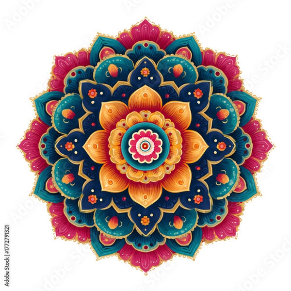 Obraz A vibrant mandala design featuring intricate patterns and bright colors, symbolizing harmony and balance.