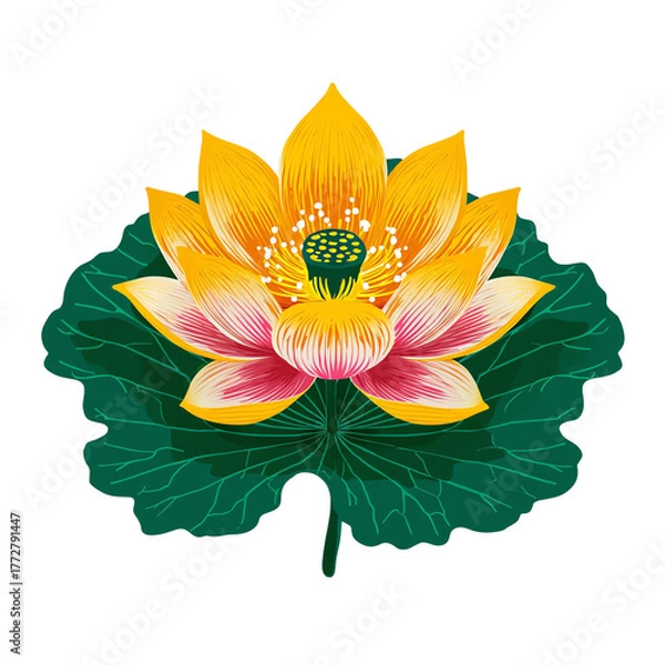 Obraz A vibrant yellow lotus flower blooms gracefully atop a lush green leaf, symbolizing beauty and tranquility in nature.