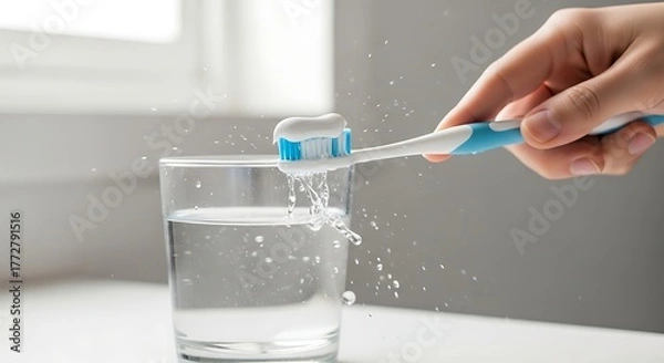 Fototapeta Toothbrush with Toothpaste Water Glass Splashing Cleanliness Dental Hygiene Oral Care Health Product Shot Close Up Personal Routine Freshness