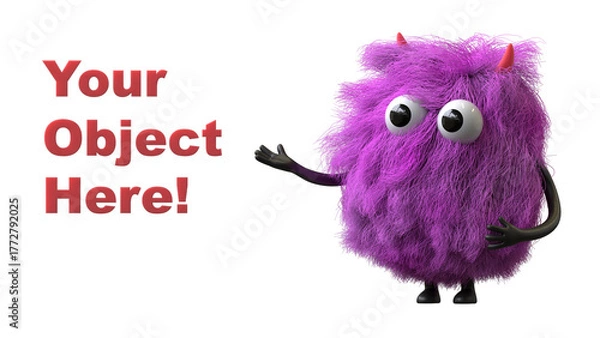 Fototapeta Fluffy, cute monster presents a space for "Your Object Here!" 3D rendering, promotional image. Isolated on white background.