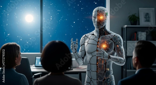 Fototapeta  A human-robot hybrid gives a presentation to a small group of colleagues in a modern office with a large window. Friendly atmosphere during a business meeting with advanced  technology.