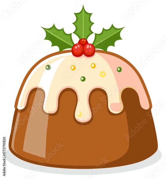 Fototapeta Festive Christmas Pudding with Holly and Berries Decoration