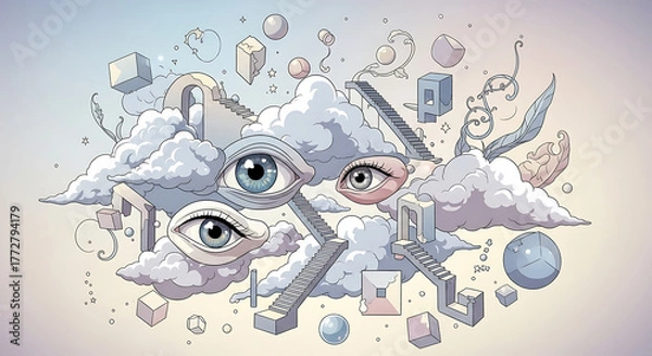Fototapeta Surreal illustration of clouds with human eyes and ladders