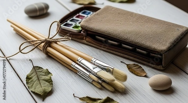 Fototapeta Watercolor Paint Set and Brush Tied Bundle on Rustic White Wood