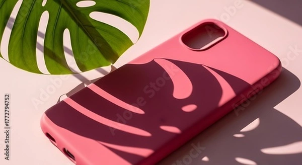 Fototapeta Pink Cell Phone Case with Leaf Shadow: Phone Protection Still Life