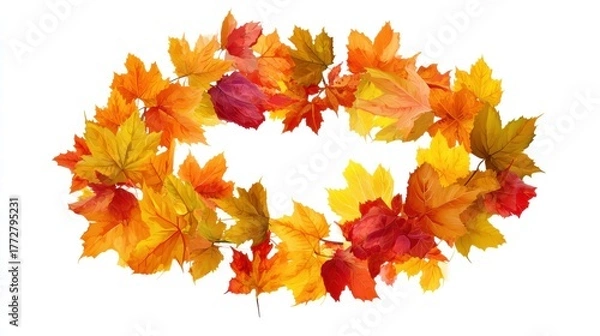 Obraz Vibrant Autumn Maple Leaf Wreath or Garland, Oval Frame Isolated on White Background