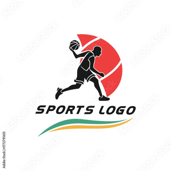 Fototapeta Dynamic silhouette of a basketball player in action with a stylized ball and sporty graphic elements