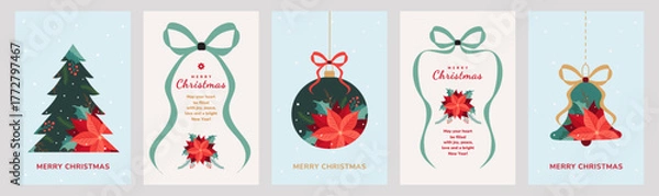 Obraz Festive Merry Christmas card set featuring hand-drawn Christmas trees, poinsettias, holly berries, jingle bells, toys, bows, and ribbons—ideal artistic templates for holiday posters, covers, banners.
