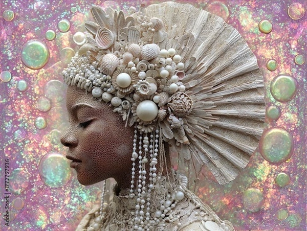 Fototapeta enchanting close-up of a paper woman with seashell crown and pearl beads: perfect for a coastal-inspired poster or unique interior decor!