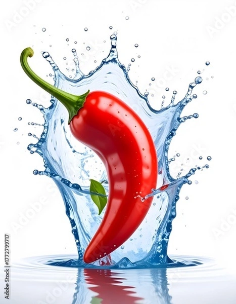 Fototapeta Vibrant Red Chili Pepper Plunging into Water Creating a Dynamic Splash on White