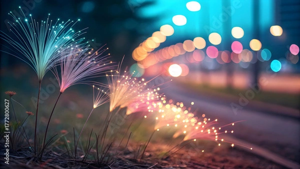 Fototapeta Glowing fiber optic strands with colorful bokeh lights in soft focus full hd 4k stock image download