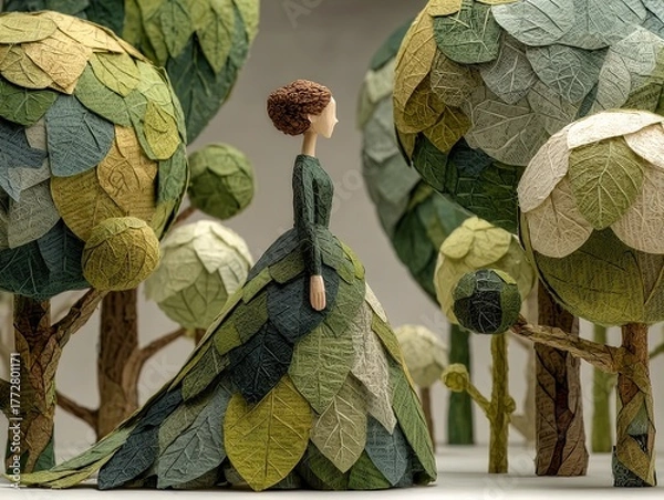 Fototapeta enchanting paper model in a green leaf gown: perfect poster for nature-inspired interiors and eco-friendly themes