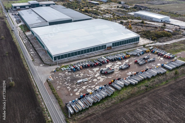 Fototapeta Aerial view to wheat depot and many trucks near to Burgas, Bulgaria
