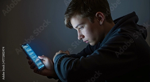 Obraz Social media harassment concept featuring young man staring intently at his phone in dim lighting, illustrating digital abuse. Social media harassment setup involves online bullying and cyber threats.