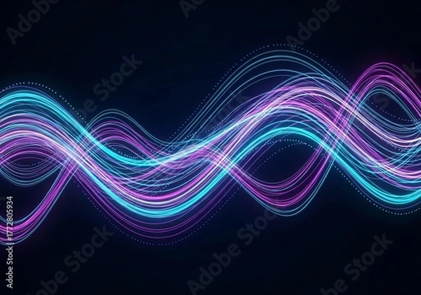 Fototapeta A minimalistic neon composition showing flowing cyan and magenta waves across a deep navy background. Subtle glowing dots enhance the depth and futuristic tone. The lines form a rhythmic digital patte