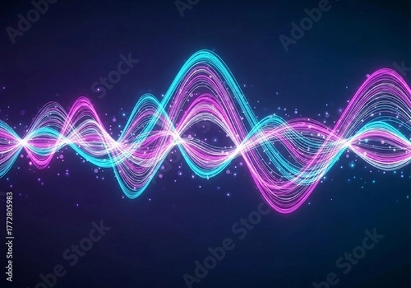 Fototapeta A minimalistic neon composition showing flowing cyan and magenta waves across a deep navy background. Subtle glowing dots enhance the depth and futuristic tone. The lines form a rhythmic digital patte