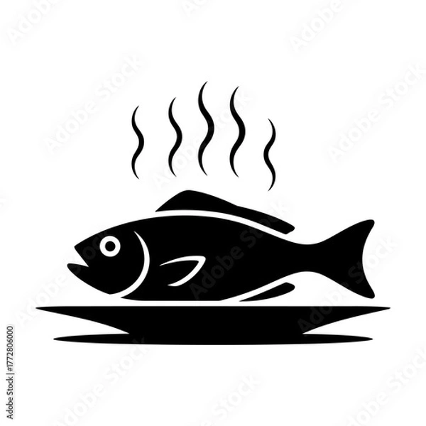 Fototapeta Cooked Fish serve on plate with aroma icon Silhouette vector on white background