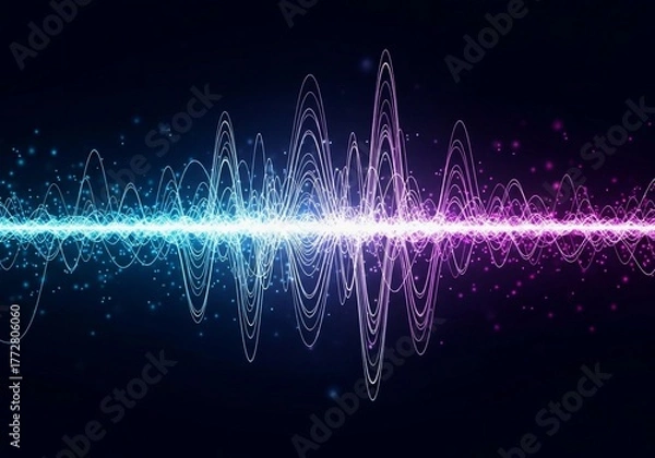 Fototapeta A minimalistic neon composition showing flowing cyan and magenta waves across a deep navy background. Subtle glowing dots enhance the depth and futuristic tone. The lines form a rhythmic digital patte