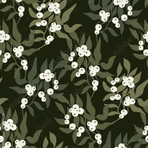 Fototapeta Green branches and winter berries seamless pattern