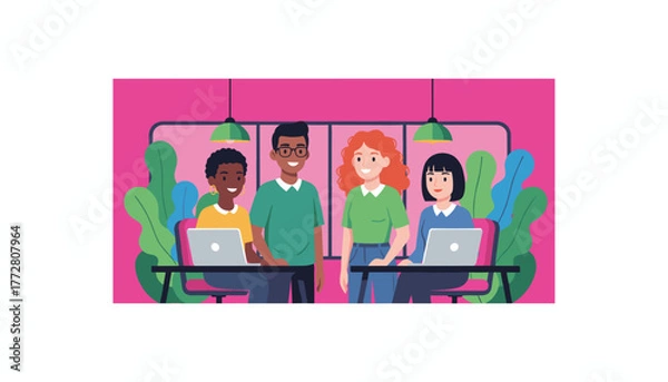 Fototapeta Diverse team collaborating in a vibrant modern office environment using laptops Business teamwork concept