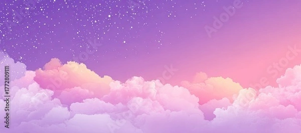 Obraz Dreamy sky with stars, soft clouds, and a gradient sunset in purples, pinks, and yellows