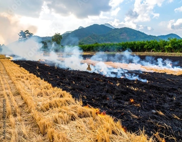Fototapeta Burning Rice Field After Harvest - Environmental Impact and Agricultural Practices.