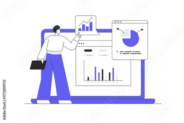 Obraz Market research data analysis, analyze business data or financial report, SEO analytics or profit and earning concept. Flat Cartoon Vector Illustration, icon Stylish abstract design landing page web