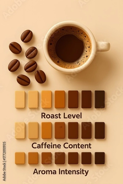 Fototapeta Coffee roast levels caffeine content and aroma intensity chart with beans and cup