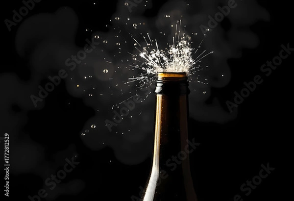 Obraz Sparkler igniting from brown bottle opening on dark background