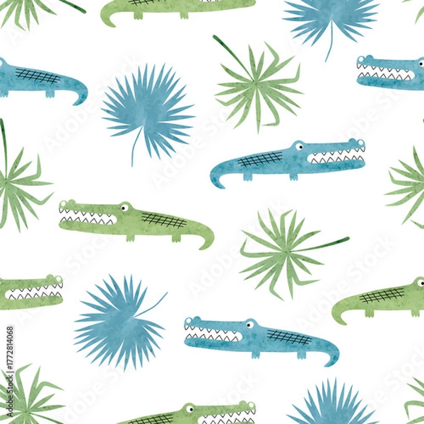 Obraz Seamless cartoon watercolor crocodile pattern. Vector background with alligators
