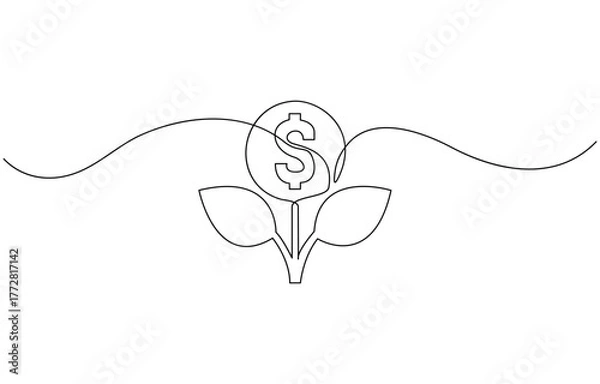 Fototapeta Money plant in One Continuous line drawing. Growing coin tree symbol, Financial growing concept vector art. Doodle line illustration.