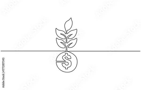 Fototapeta Money plant in One Continuous line drawing. Growing coin tree symbol, Financial growing concept vector art. Doodle line illustration.