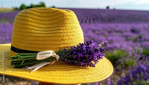 Fototapeta A woven, yellow hat with a black band is decorated by a lavender bouquet, positioned in front of a field of purple lavender rows