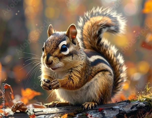 Fototapeta Captivating Chipmunk Portrait in Autumnal Forest Setting.