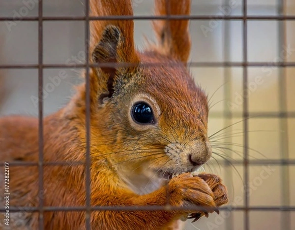 Fototapeta Captive Squirrel - A Close-Up of Wildlife Behind Bars.