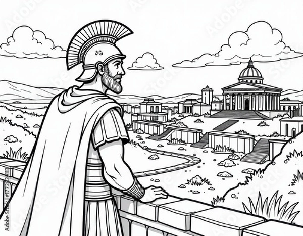 Obraz Ancient Warrior Overlooking Classical City Coloring Page