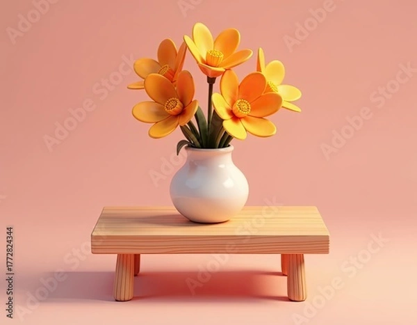 Obraz Minimalist Yellow Flowers in White Vase on Wooden Table with Pink Background