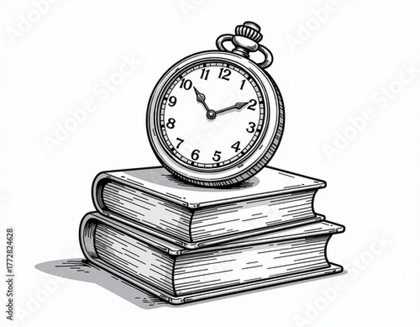 Fototapeta Vintage Pocket Watch on Stack of Books Line Art Illustration