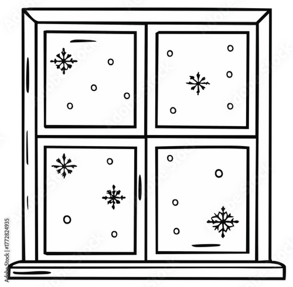 Obraz Winter window scene with falling snow coloring page line art illustration