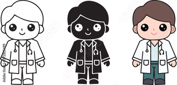 Obraz Set of doctor ouline, silhouette and colored flat simple design, handmade cartoon isolated on white background.