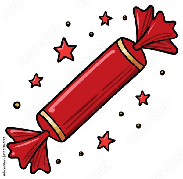 Obraz Vibrant Red Wrapped Candy with Festive Stars and Sparkles