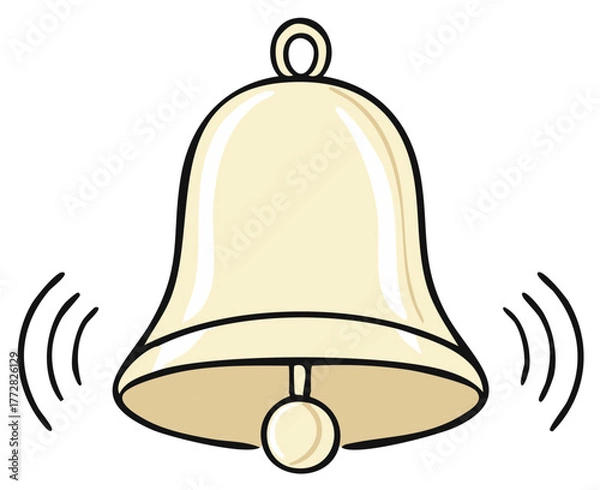 Obraz Simple cartoon drawing of a ringing golden bell with sound waves for an alarm or notification