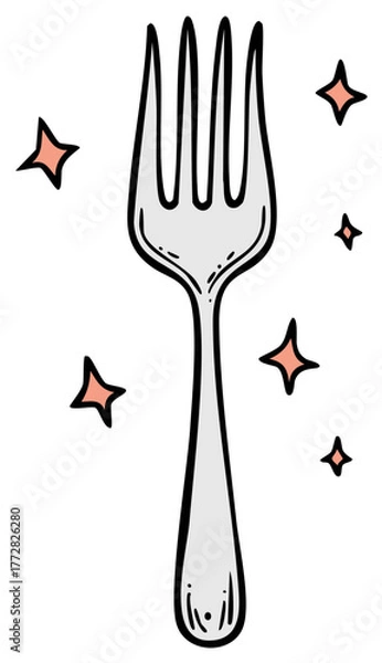 Obraz Sparkling Clean Fork Hand Drawn Illustration with Playful Stars