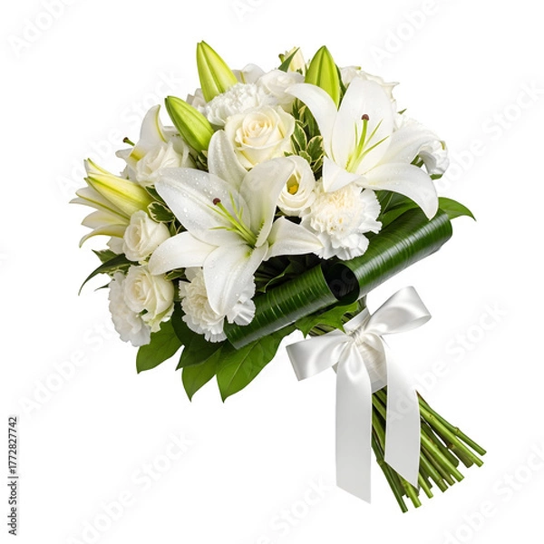 Obraz Memorial tribute white flower bouquet isolated on a transparent or white background. PNG