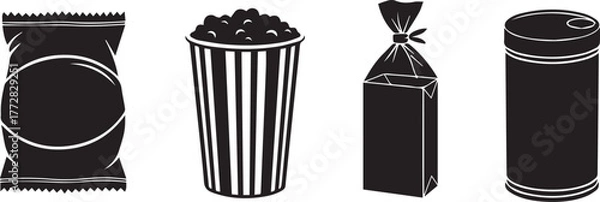 Obraz Hand drawn black and white illustrations of four different snack food packaging types on a white background