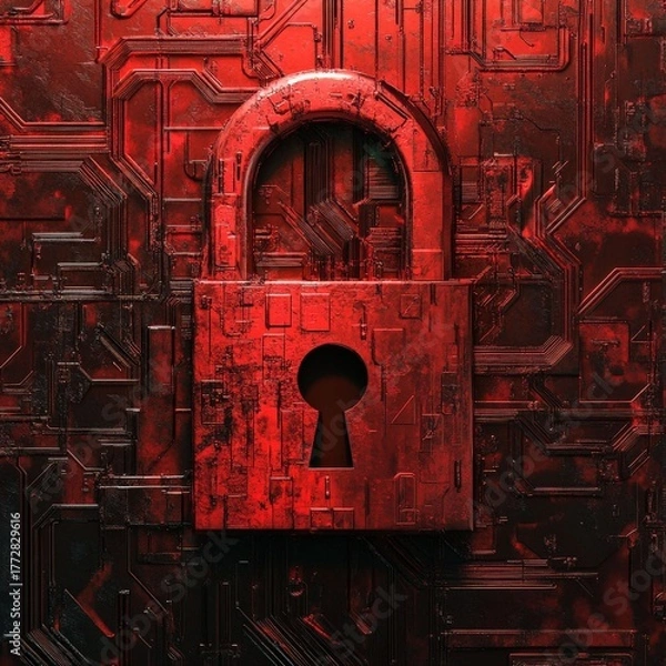 Fototapeta Data Fortress: A weathered padlock stands guard against a complex, intricate digital backdrop, symbolizing security and the protection of data in a dystopian, cyber-focused setting.