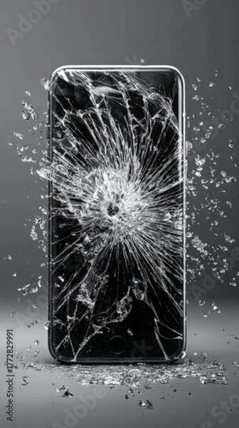 Obraz Shattered Screen: A stark and dramatic visual of a mobile phone with a shattered screen, showcasing the aftermath of damage and destruction.