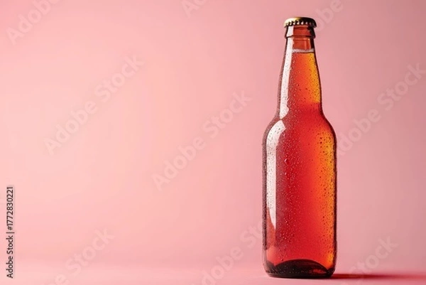 Fototapeta Amber Elixir: An amber bottle filled with the refreshing essence of beer, standing tall against a pink backdrop, the drink glistens invitingly, suggesting moments of leisure and enjoyment.